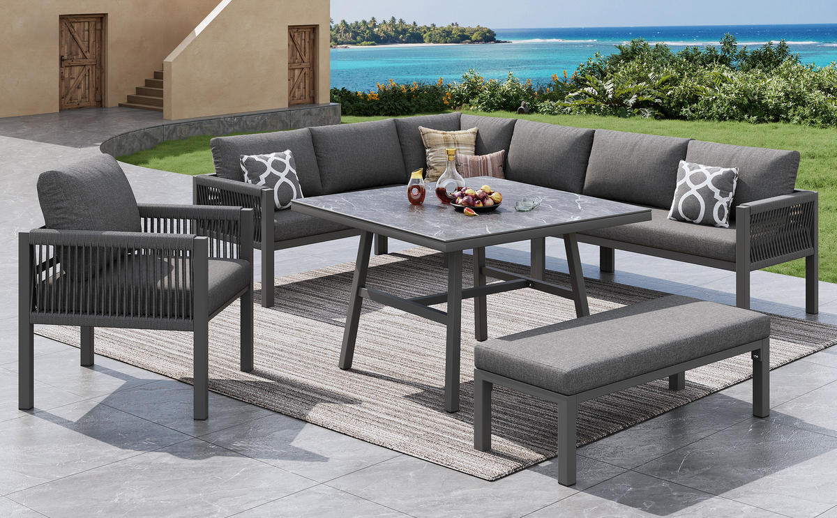 GARTENLOUNGE-SET, Eisen mit Marmorglas-Tisch, modular für 8 Personen, 118/61/80 cm, Grau - Grau, Metall - Redom