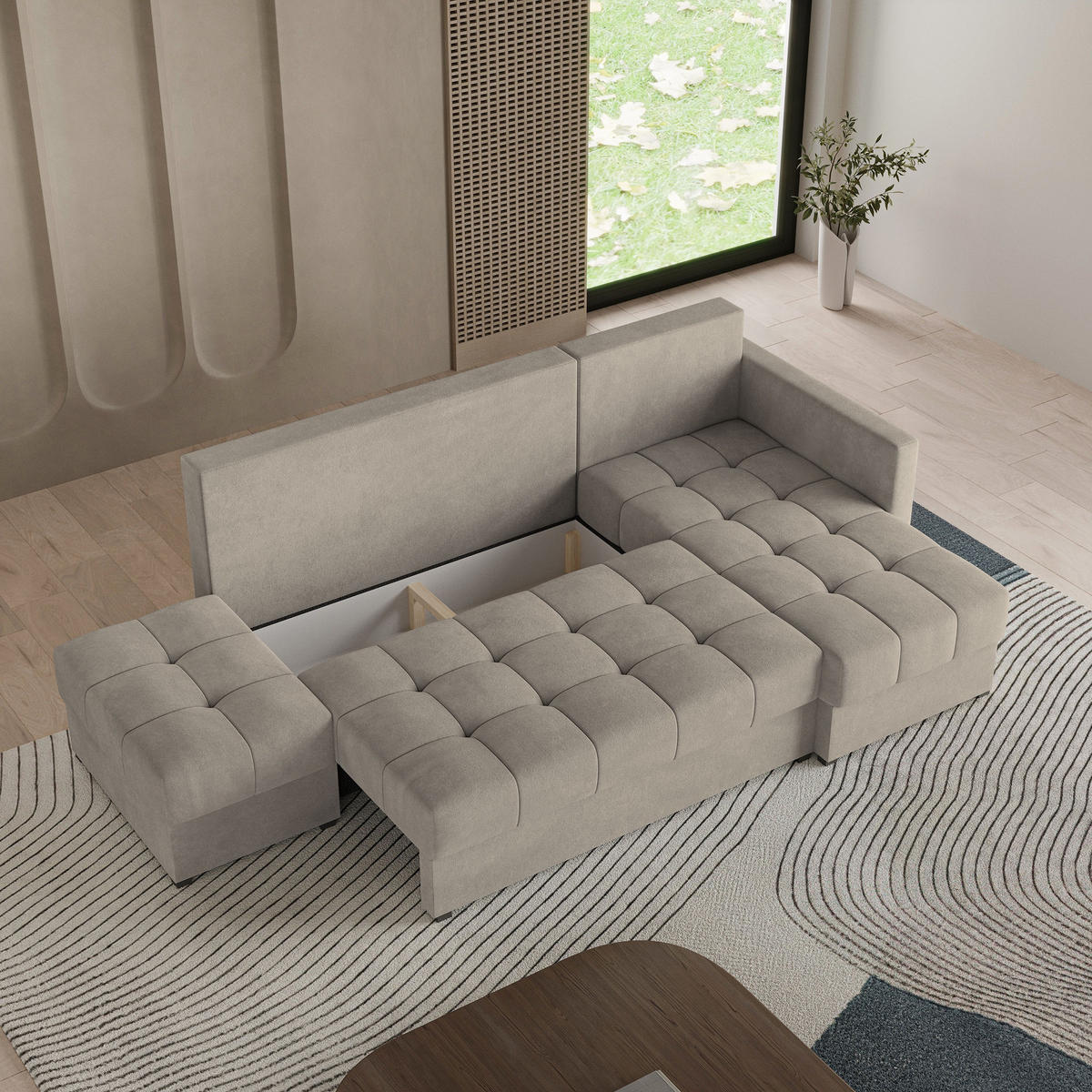 ECKSOFA LUMARI R-S Beige Plüsch-Stoff mit Schlaffunktion - Beige, Holz (262/143cm) - MASSENO