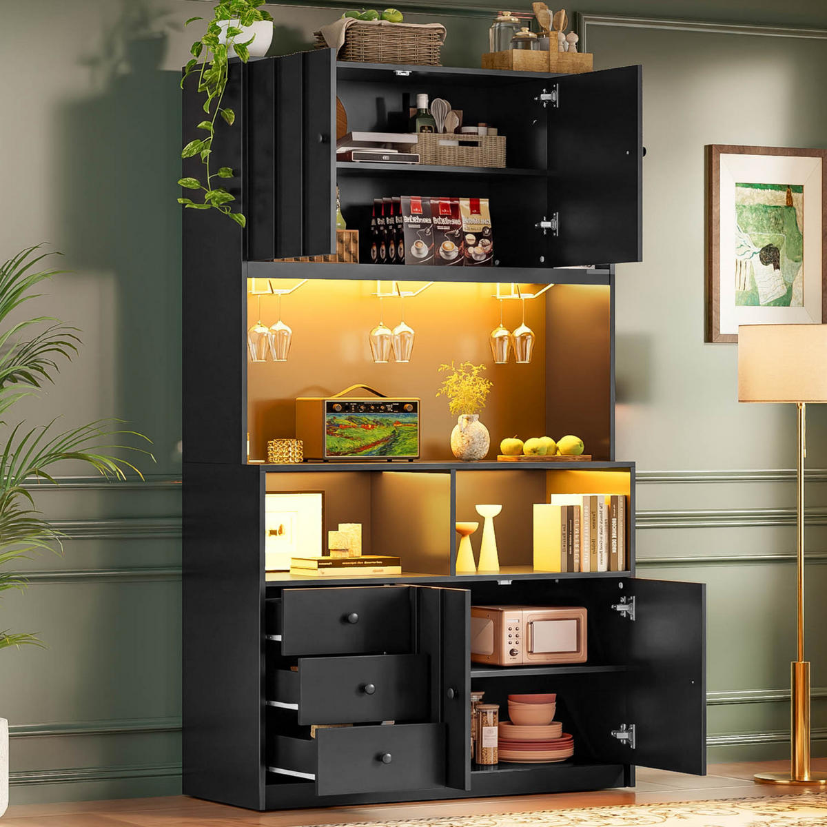 BUFFET 180 cm MDF Schwarz mit RGB-LED, Weinglashalter und Vitrine - Schwarz, Holzwerkstoff (40/180/100cm) - Korfee