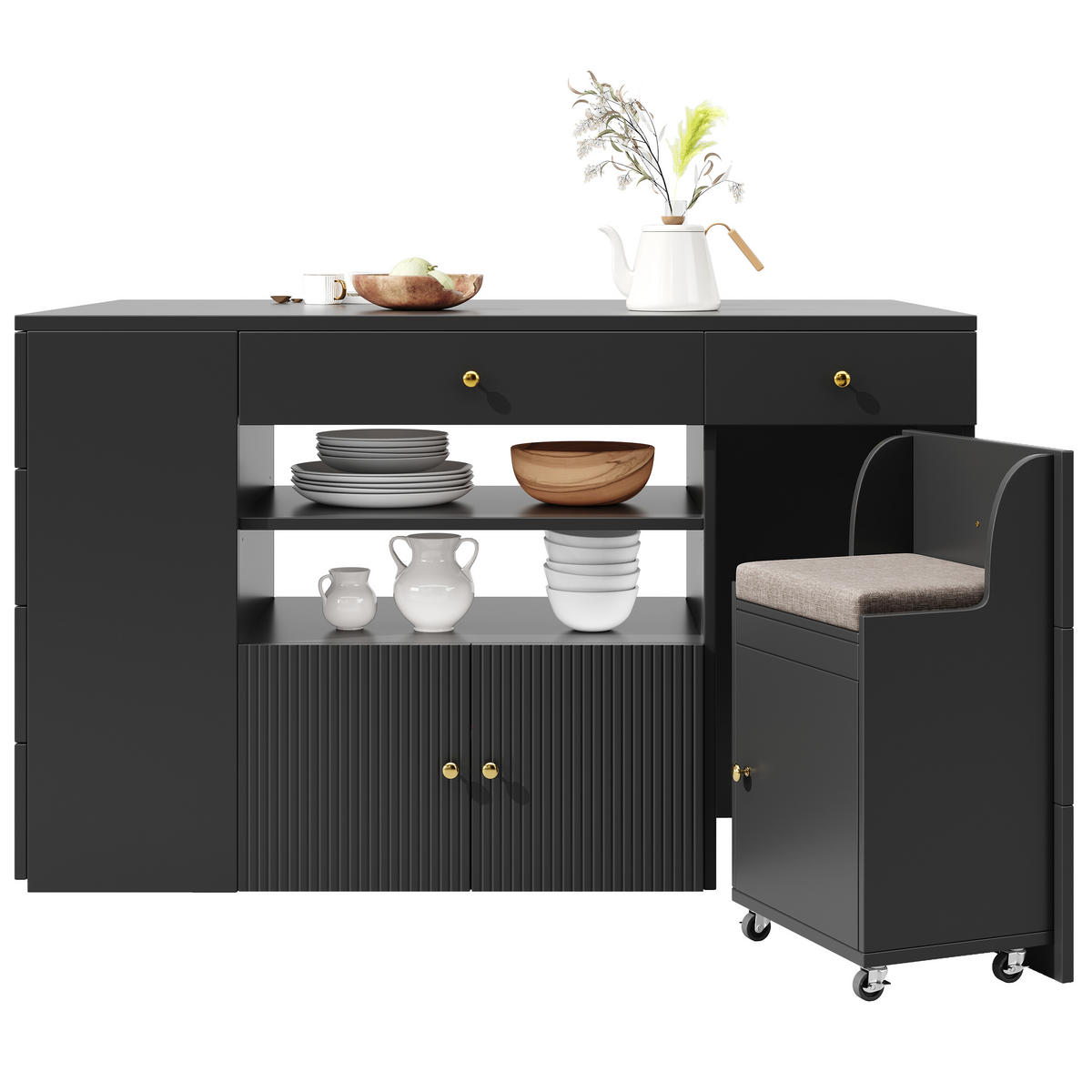 KÜCHENINSEL 140/40(70)/89 cm schwarz mit Hocker und Stauraum - Schwarz, Holzwerkstoff (140/89/70cm) - OKWISH