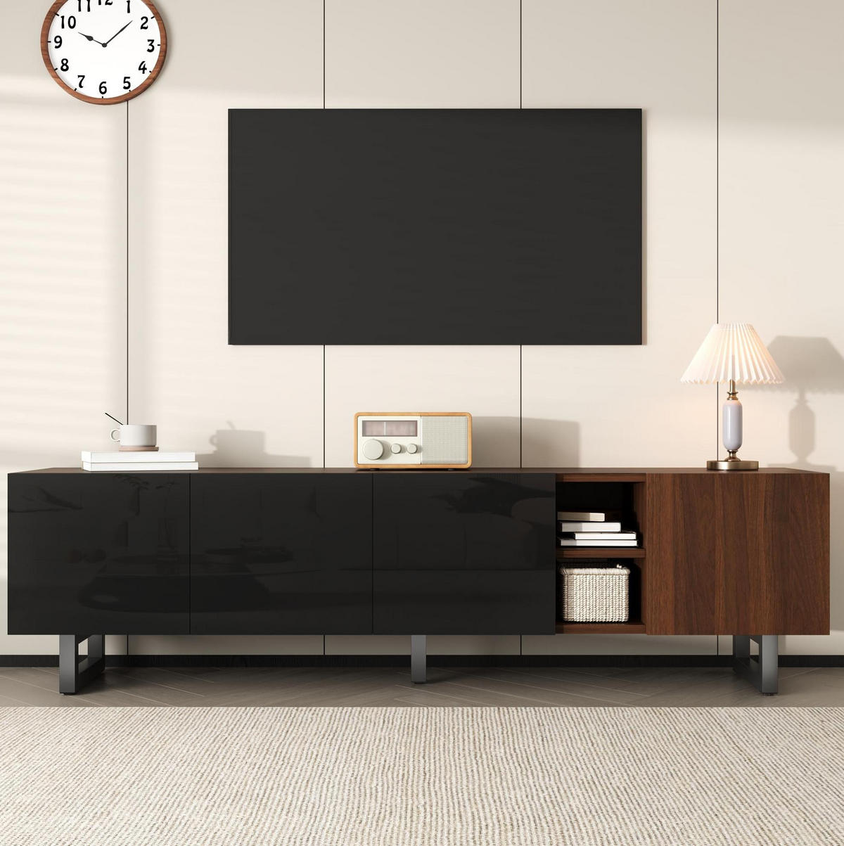 TV-SCHRANK 180/38/50 cm schwarz/natur aus MDF mit 4 Türen - Hellbraun, Holzwerkstoff (180/50/38cm) - OKWISH