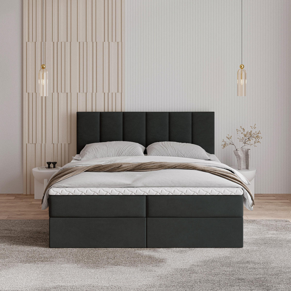 BOXBETT MERIL 140x200 cm mit Matratze und Topper - Schwarz - Schwarz, Holz (140/200cm) - MASSENO