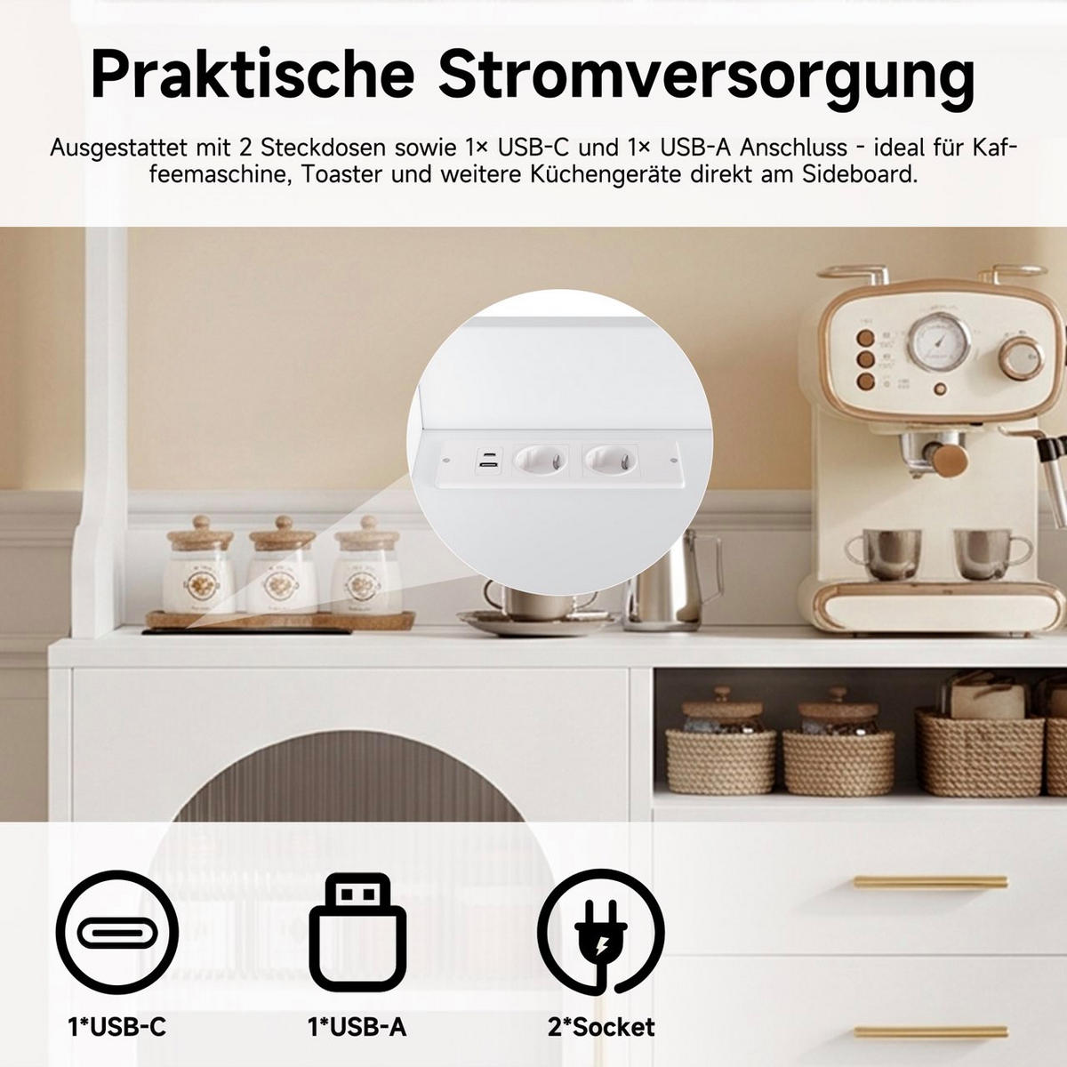 BUFFETSCHRANK 100,5x40x178 cm, 2 Steckdosen, USB-A/USB-C-Anschlüsse, Weiß - Weiß, Holzwerkstoff (100.5/178/40cm) - FOHERE