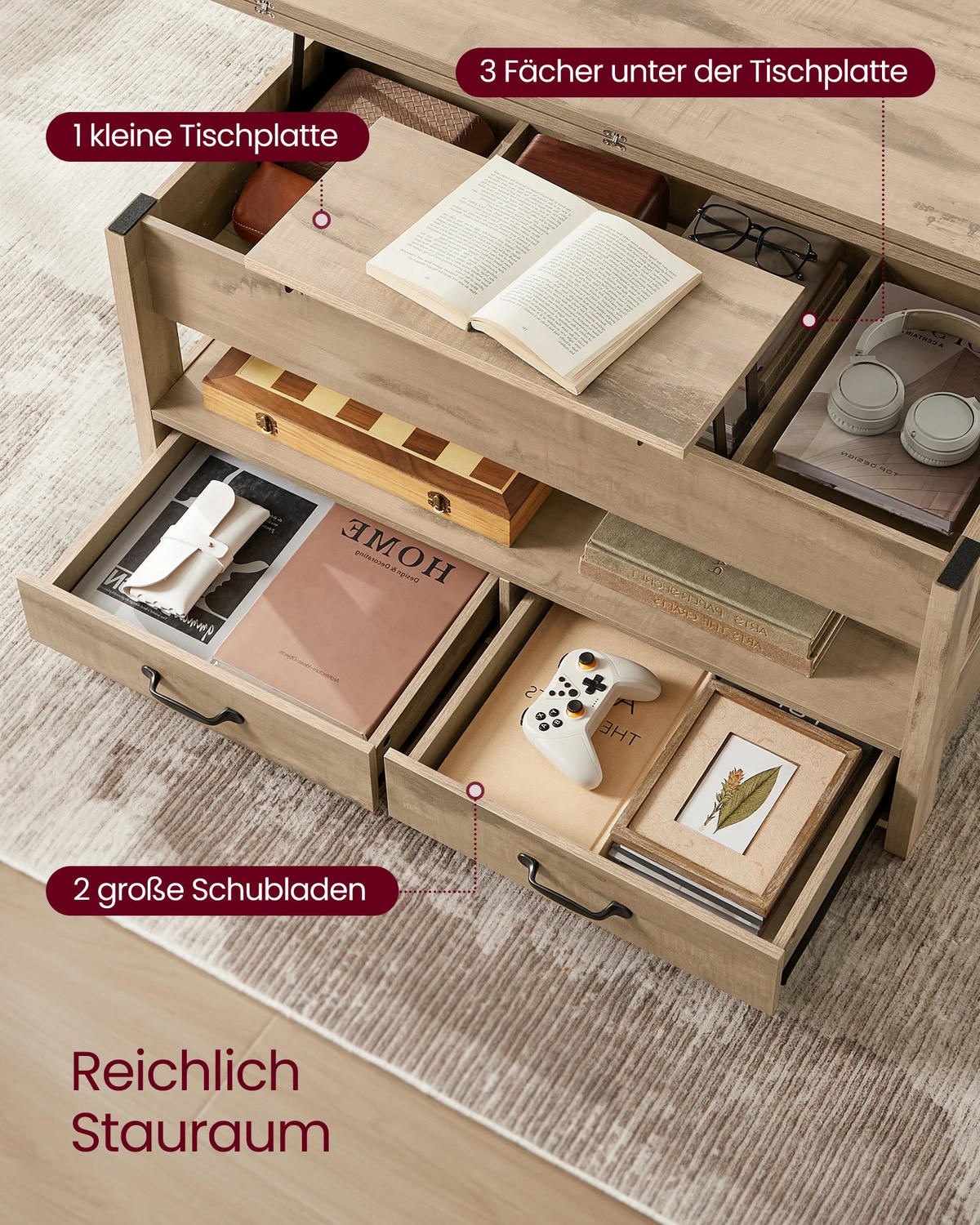 COUCHTISCH 100x64x50 höhenverstellbar Gas 2 Schubladen - Eichefarben, Holz (100/50/64cm) - Kaket