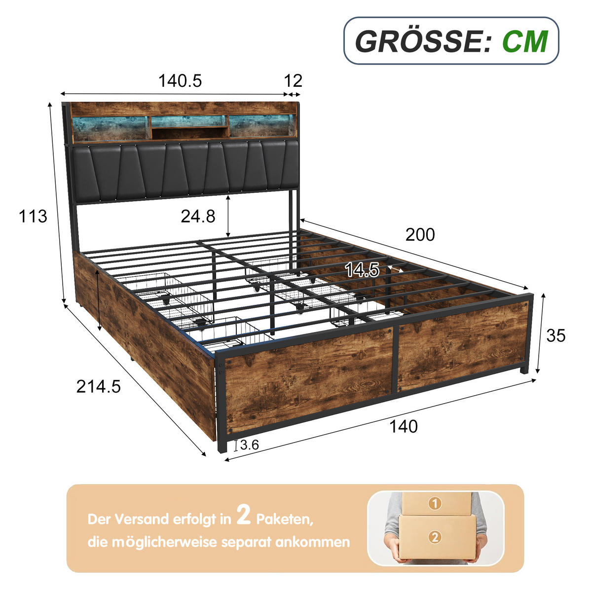 POLSTERBETT 140x200 cm, 4 Stauraumschubladen, LED-Leiste, Doppel-USB, in Braun - Braun, Holz (140/200cm) - BRILVERDE