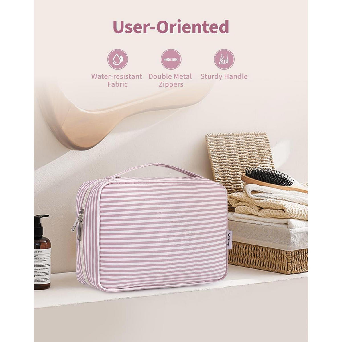 KULTURTASCHE zum Aufhängen mit Haken altrosa Streifen - Rosa, Textil (5/1/5cm)