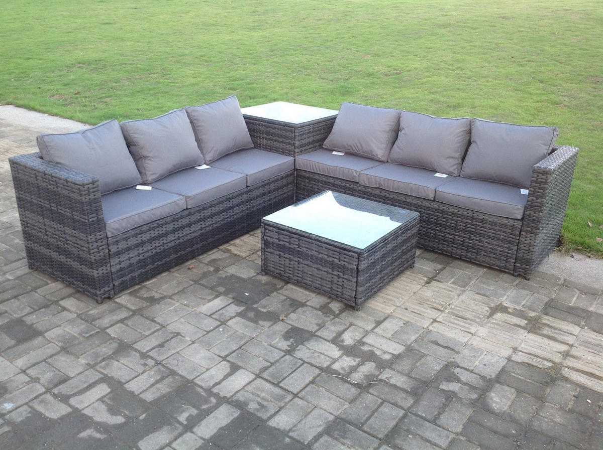 GARTENMÖBELSET mit Couchtisch Polyrattan 6-Sitzer - Dunkelgrau/Grau, Glas/Kunststoff - Fimous