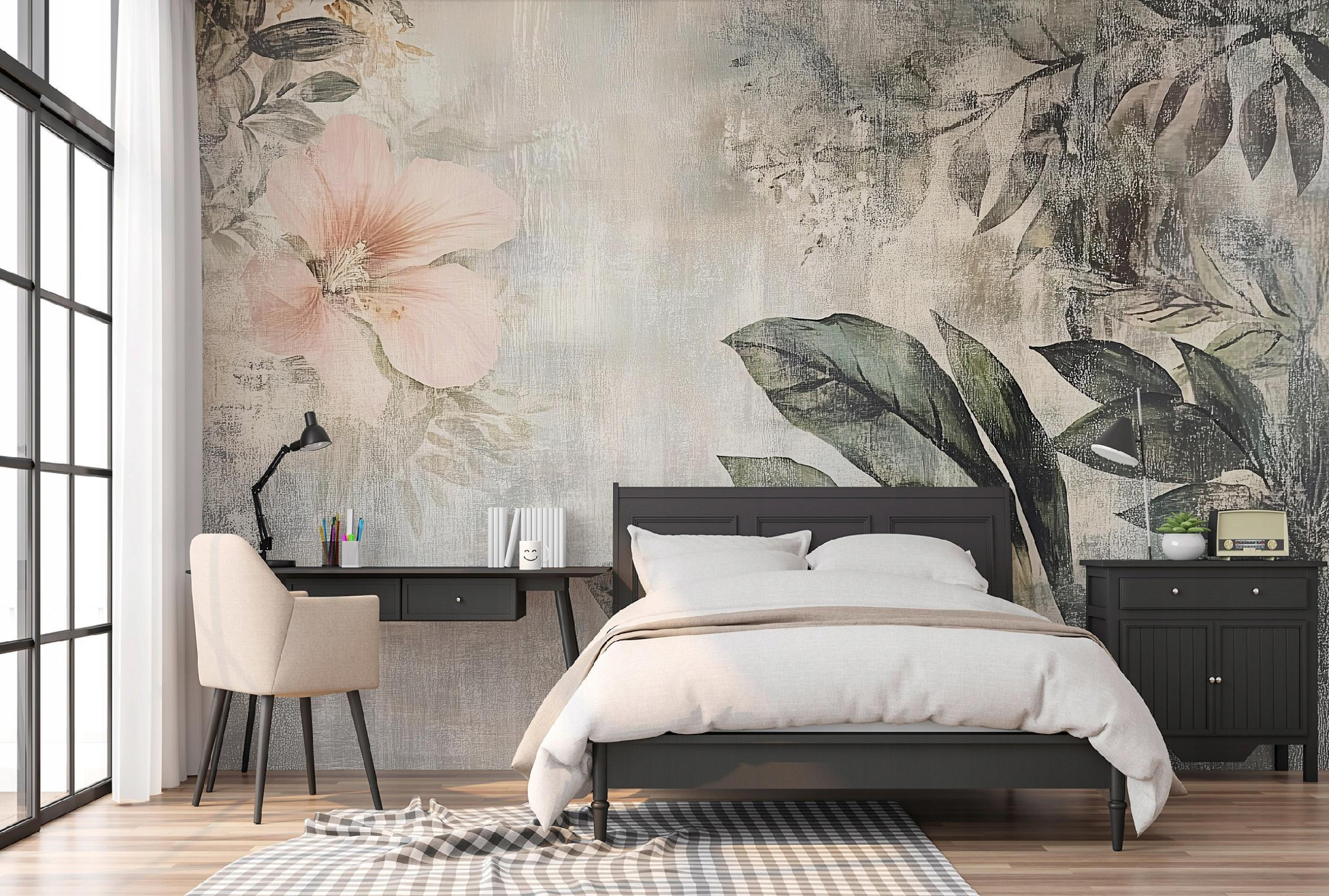 FOTOTAPETE Blätter Vintage Beton Wohnzimmer Tapete 350x250 - Multicolor, Papier (350/250cm) - Wallarena