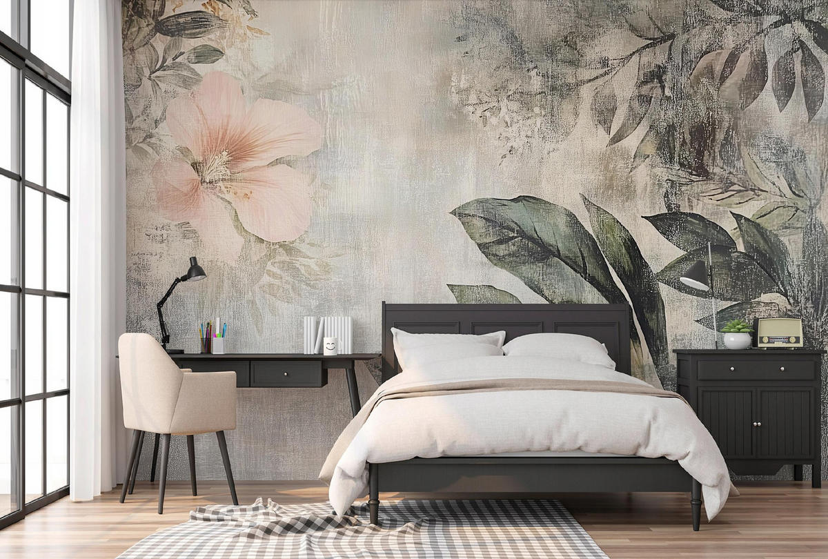 FOTOTAPETE Blätter Vintage Beton Wohnzimmer Tapete 350x250 - Multicolor, Papier (350/250cm) - Wallarena