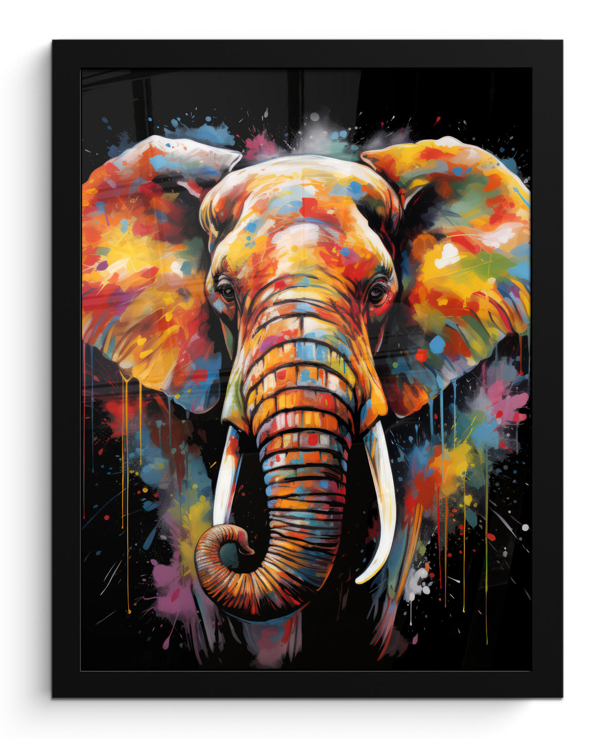 GERAHMTES BILD Elefant - Graffiti - Schwarz - Tiere - Farben 30x40 cm - Schwarz, Papier (30/40cm) - MuchoWow