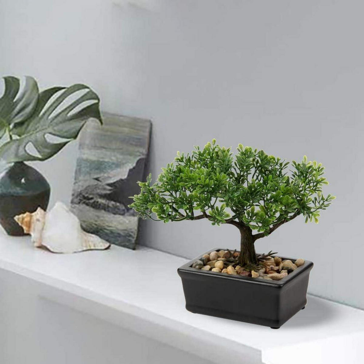 KUNSTBONSAI Podocarpus mit Keramik-Übertopf Schwarz 16.5 cm - Schwarz, Kunststoff (20cm)
