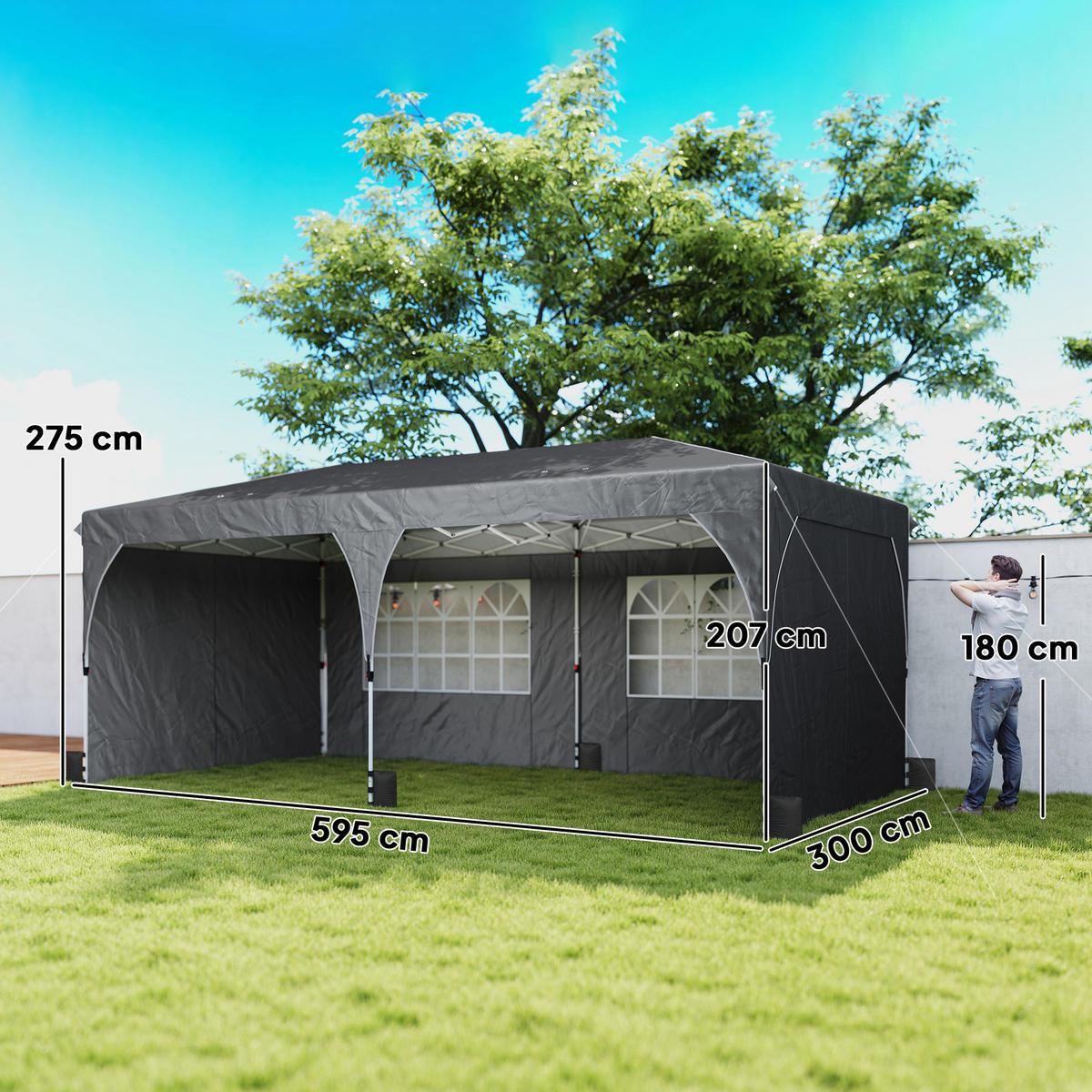 POP-UP-FALTZELT, 6×3m, hellgrau - Schwarz, Textil (300/275/595cm) - Vallsero