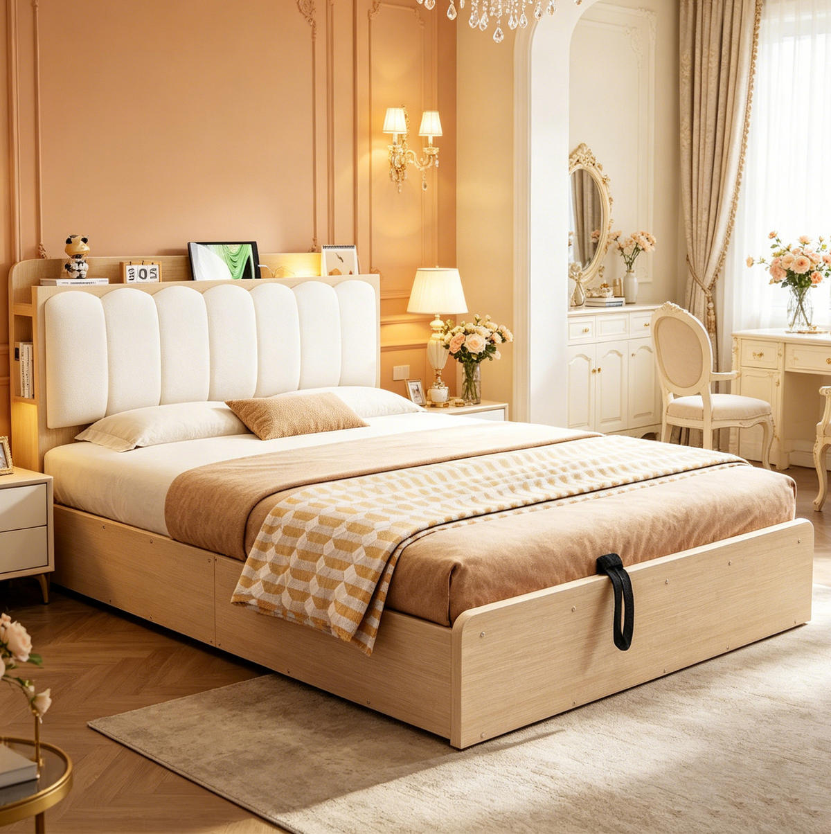 BETT 140/200 cm aus Holz mit Stauraum, USB-Anschluss, Naturholz - Naturfarben, Holz (140/200cm) - OKMYHOME