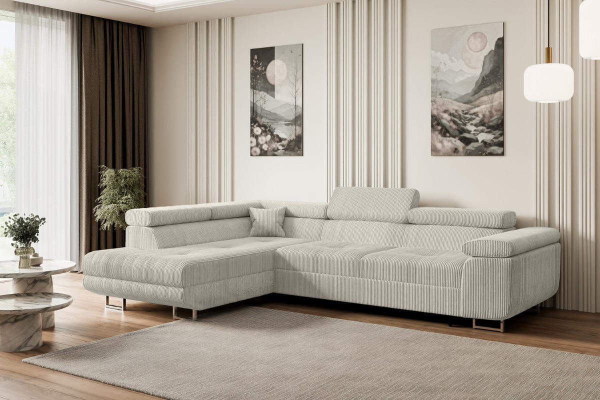 ECKSOFA mit Schlaffunktion und Bettkasten GUSA-L 272x202x107 cm Grau Cord - Silberfarben/Hellgrau, Holzwerkstoff/Textil (202/272cm) - ALTDECOR