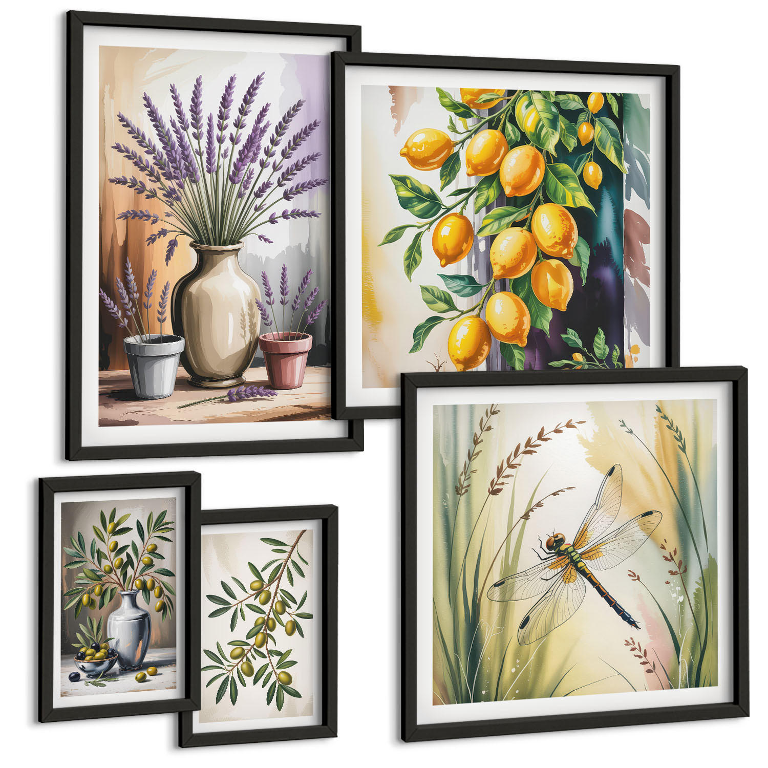 BILDER SET 5er Set - 50x50 cm & 20x30 cm & 40x60 cm Schwarzer Rahmen - Lavendelblüten und Architektur - Schwarz, Kunststoff (40/60cm) - TULUP