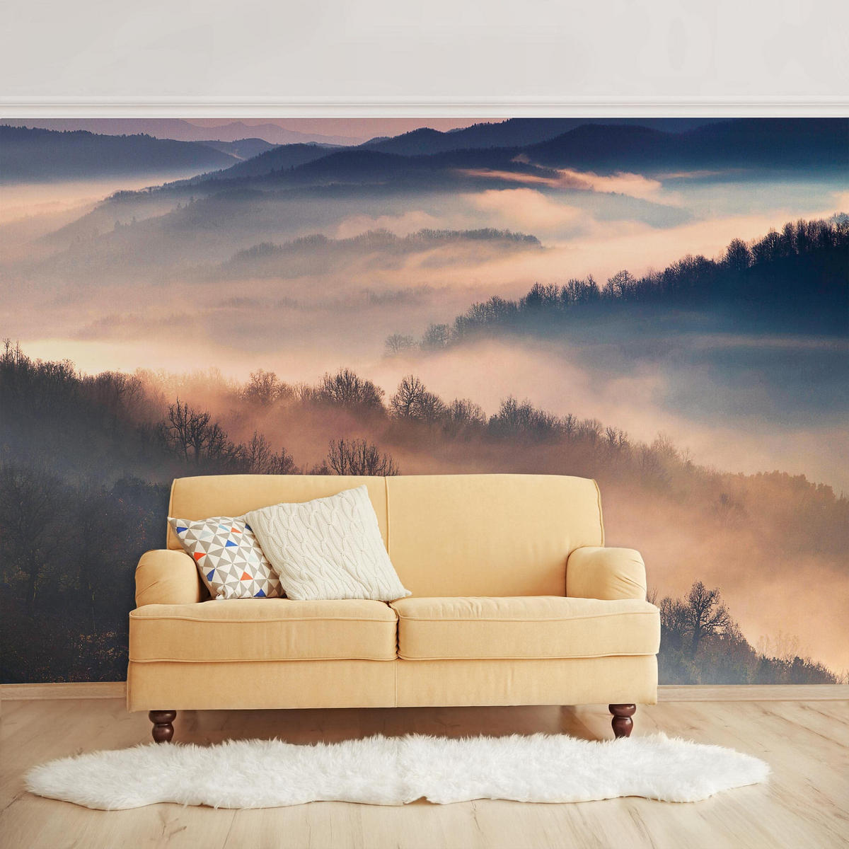 FOTOTAPETE Nebel bei Sonnenuntergang 336/225 cm - Eichefarben, Papier (336/225cm) - Bilderwelten