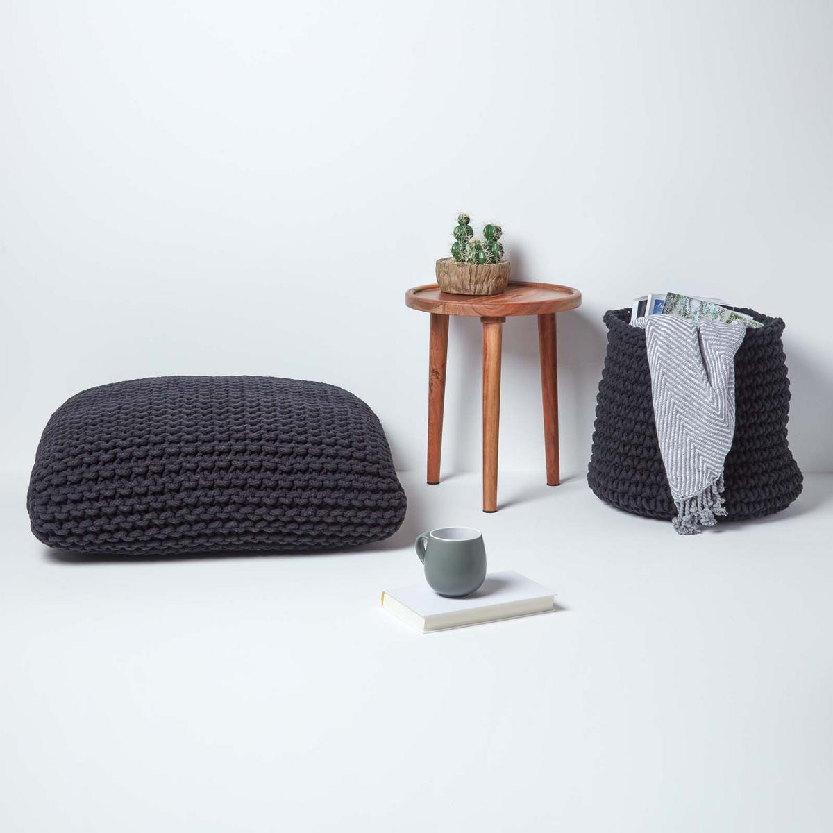 STRICK-POUF schwarz, Bodenkissen 70/70/20 cm - Schwarz, Textil (70/20/70cm) - Homescapes