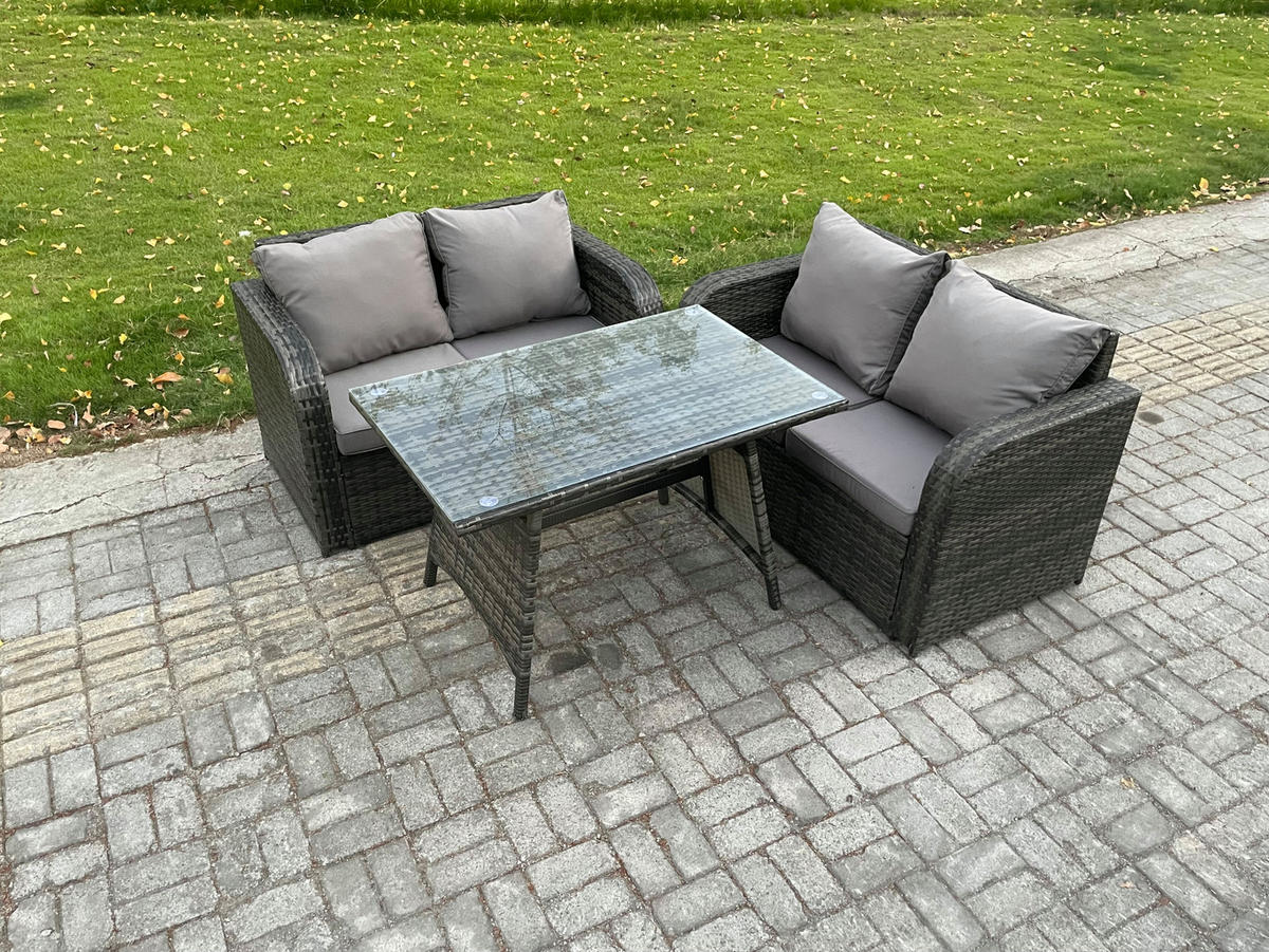 BALKONSET mit ESSTISCH SOFA Polyrattan Dunkelgrau 4-Sitzer - Dunkelgrau/Grau, Glas/Kunststoff - Fimous