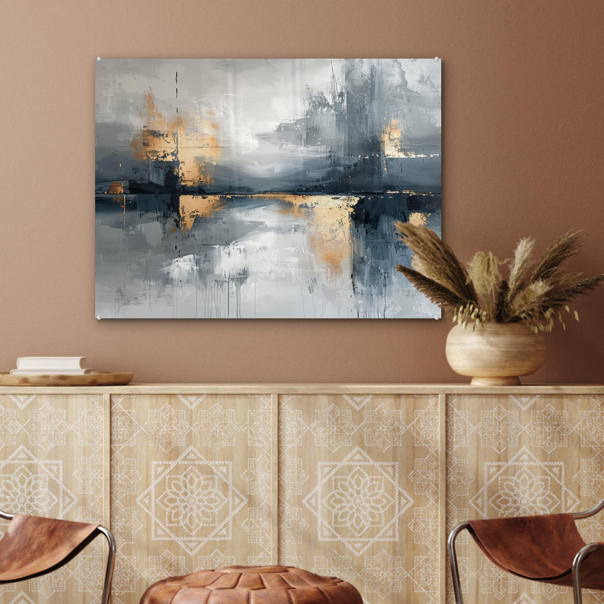 OBRAZ NA AKRYLOVOM SKLE Umenie - sivé - zlaté - abstraktné 80x60 cm - tmavosivá, sklo (80/60cm) - MuchoWow