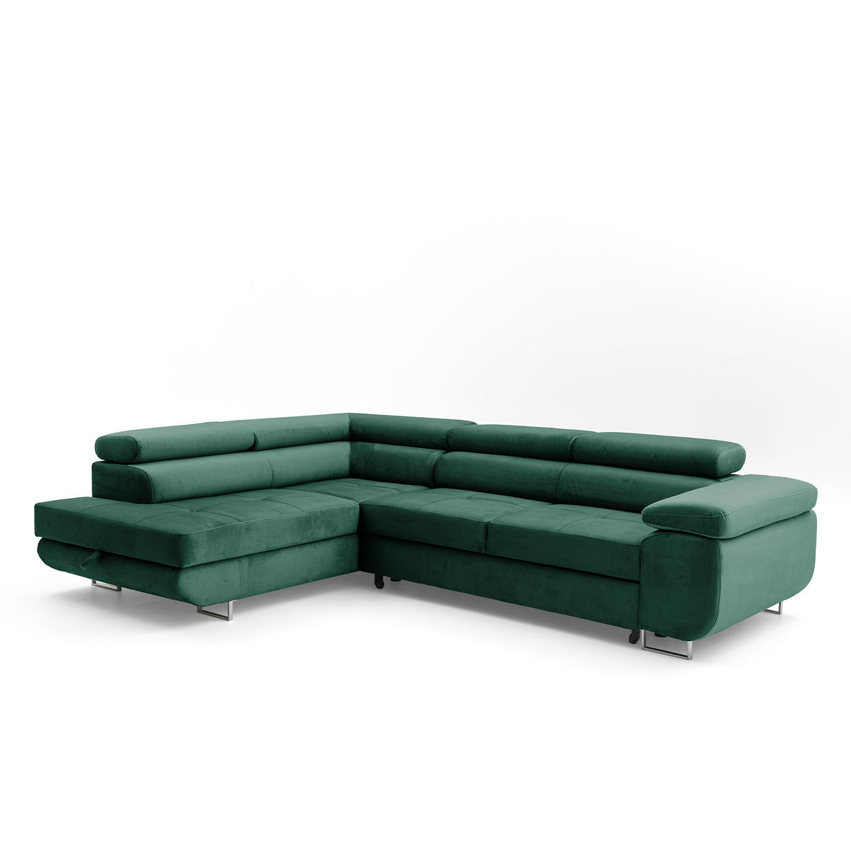 ECKSOFA WILD L Links mit Schlaffunktion 127x195 Velours Dunkelgrün - Chromfarben/Dunkelgrün, Holz/Textil (203/274cm) - Muffo