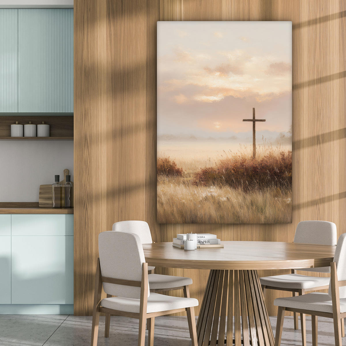 LEINWANDBILD Gras - Morgennebel - Kreuz - Christentum Deko Groß 90x140 cm - Beige, Textil (90/140cm) - MuchoWow