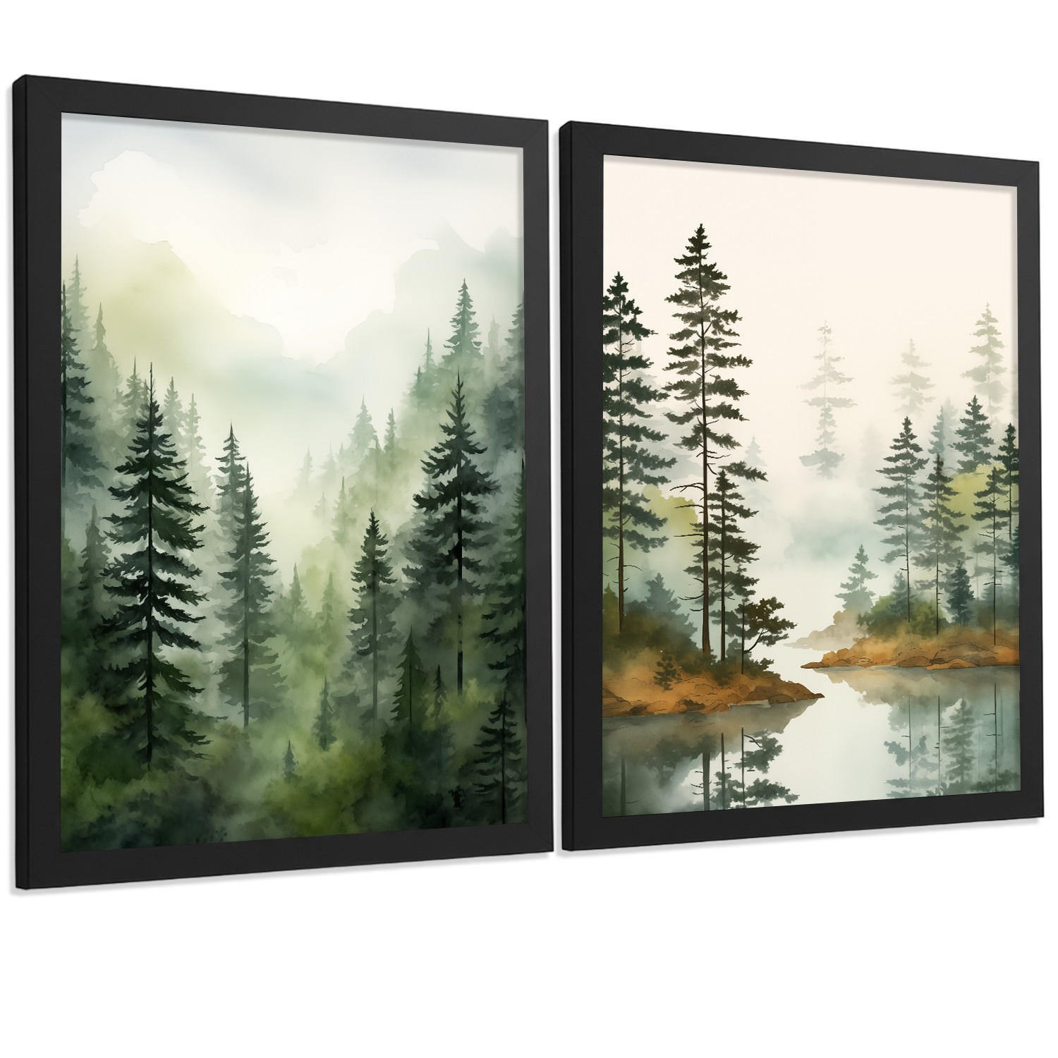 PLAKAT Sada 2 dekorativních tisků Nordic Forest Landscape Moderní obývací pokoj Obrázky - Zelené a hnědé dekorativní plakáty A3 Černý rám - černá, papír (29.7/42/3cm) - Nacnic