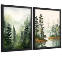 PLAKAT Sada 2 dekorativních tisků Nordic Forest Landscape obývací pokoj Obrázky - Zelené a hnědé dekorativní plakáty Obývací pokoj A4 černý rám - černá, papír (29.7/42/3cm)
