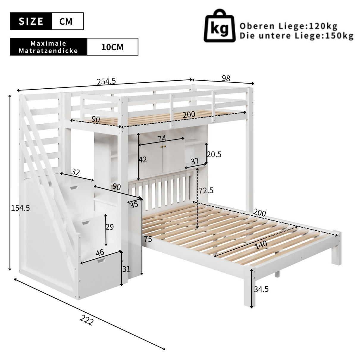 KINDERBETT aus Massivholz & MDF 90x200/140x200 cm in Weiß mit Stauraumtreppe - Weiß, Holzwerkstoff (90/200cm) - Modfu