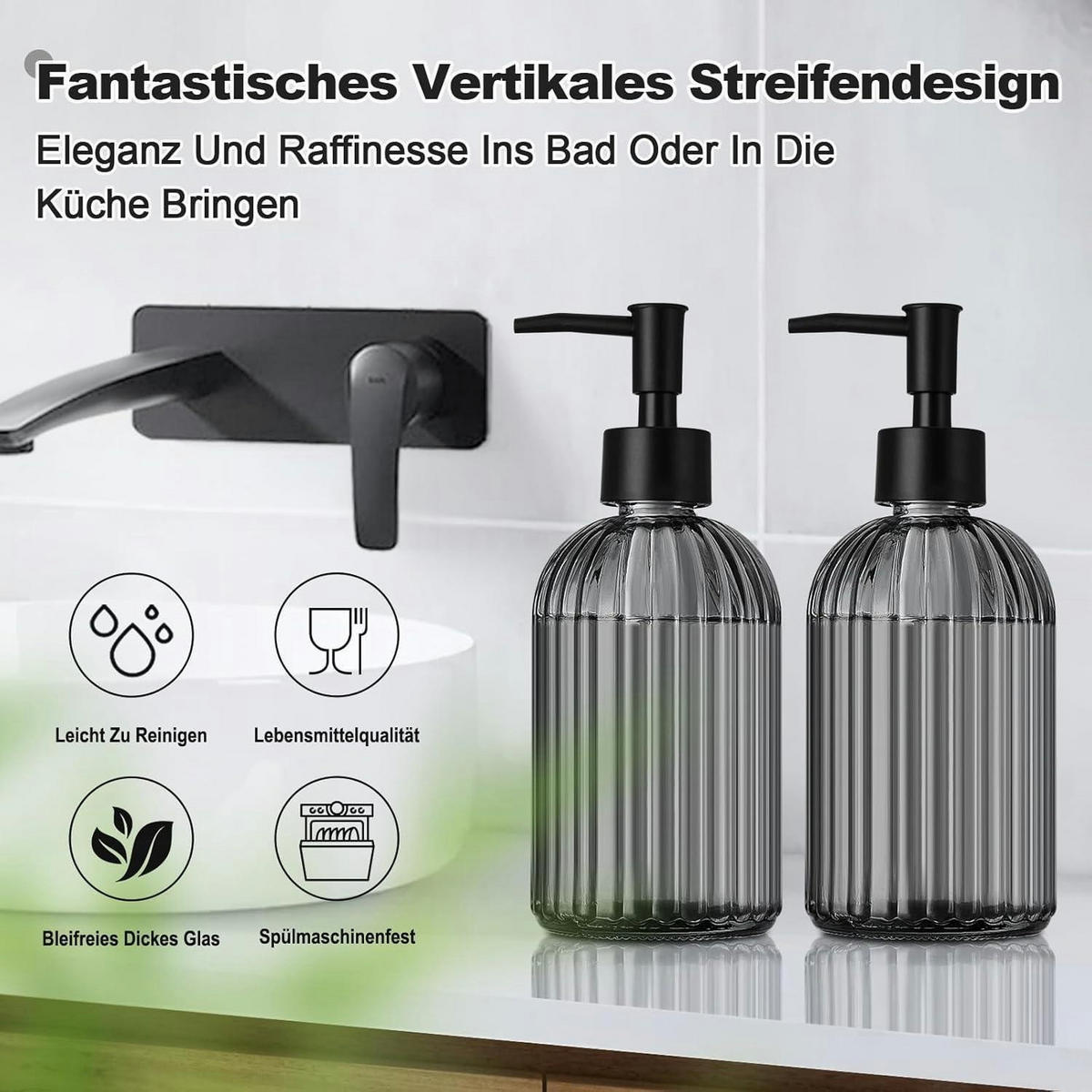 SEIFENSPENDER 2-teiliges Set Glas Schwarz Gestreift - Schwarz, Glas (7.6/19.1/7.6cm)