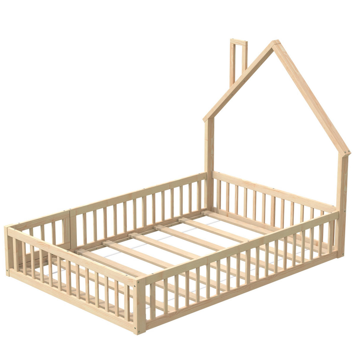 POSTELJA v obliki hiše 140/200 cm naravna z varnostno ograjo in letvenim dnom iz bora in MDF - naravne barve, leseni material (140/200cm) - OKWISH