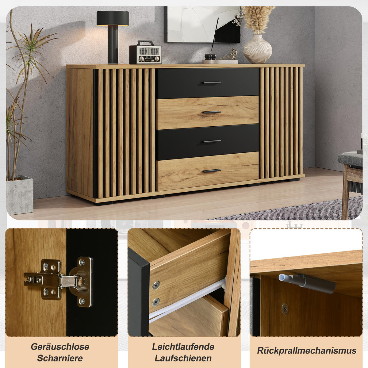 SIDEBOARD 140x35x70cm Eiche Schwarz mit 4 Schubladen - Schwarz, Holzwerkstoff (140/70/35cm) - FLIEKS
