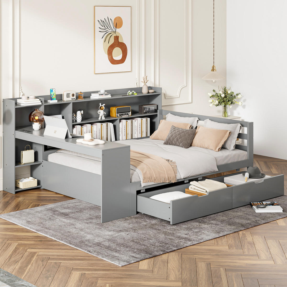 SCHLAFSOFA 140/200 cm mit Schreibtisch, Regalen, 2 Schubladen und Steckdose, Grau - Grau, Holz (165/100/245.5cm) - Redom