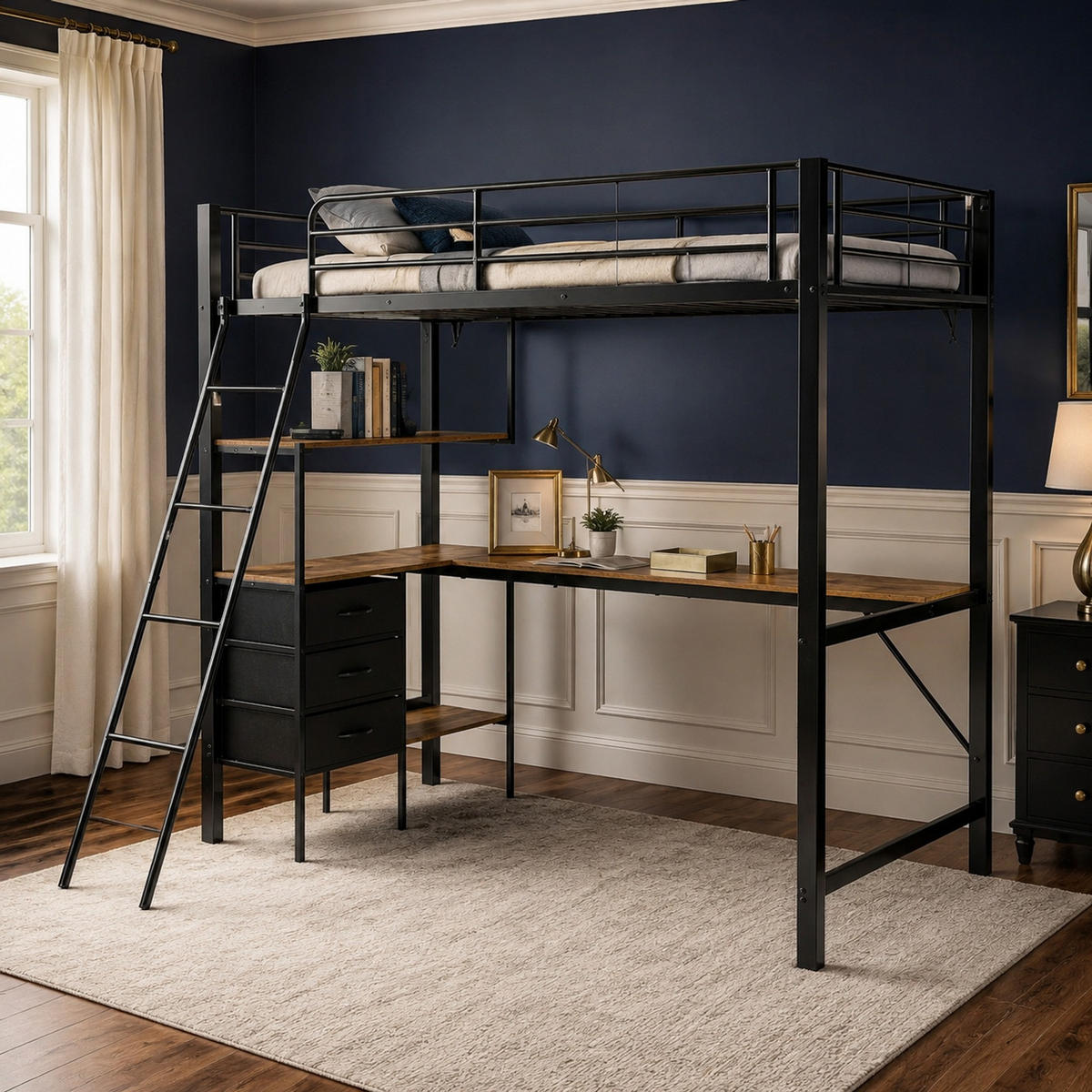 HOCHBETT 90/200 mit 2-m-Schreibtisch, 3 Schubladen und Schrägleiter in Schwarz und Dunkelwalnuss - Schwarz, Holzwerkstoff/Metall (90/200cm) - EVRYAE