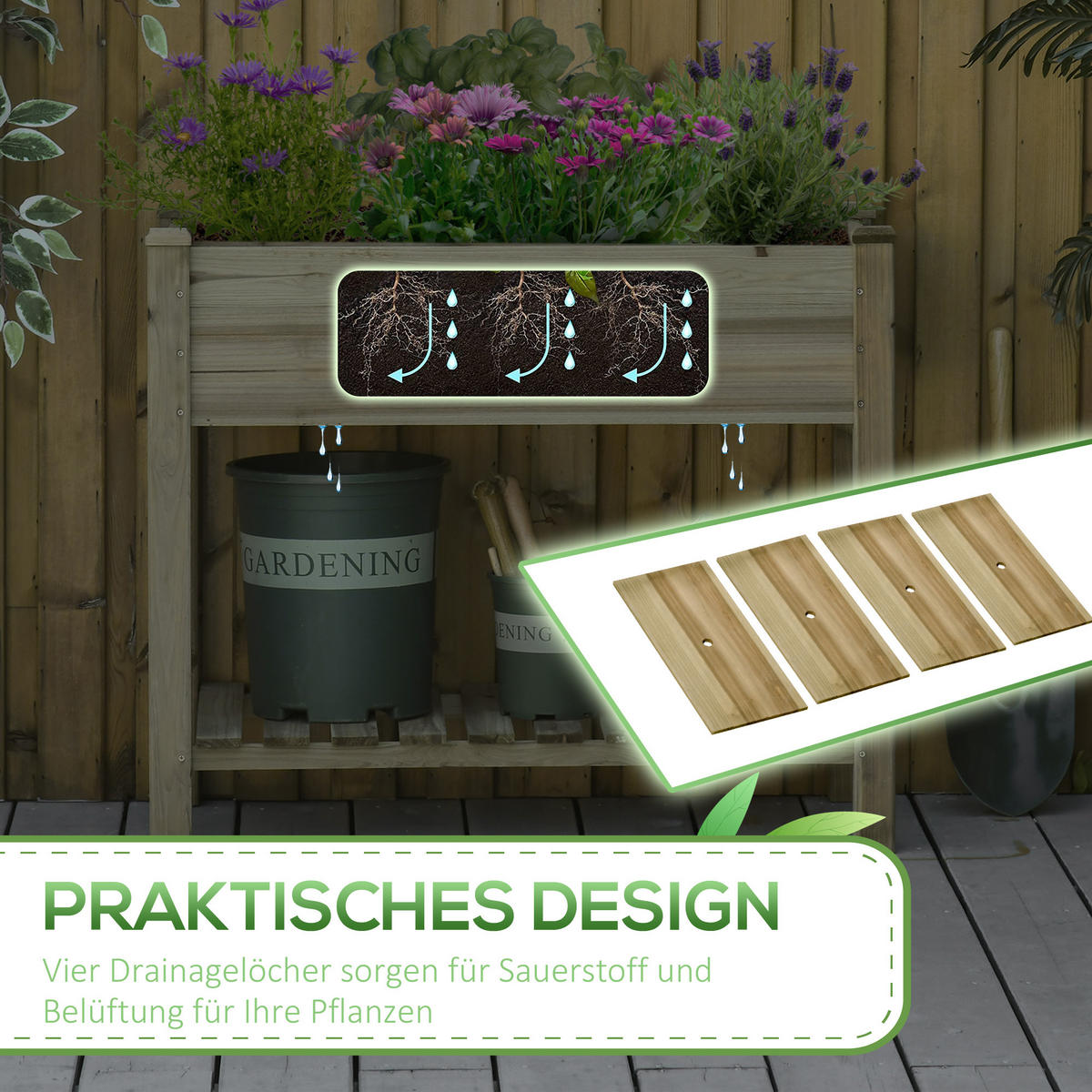 HOCHBEET mit Ablage - Grün, Holz (51/76/91cm) - Outsunny