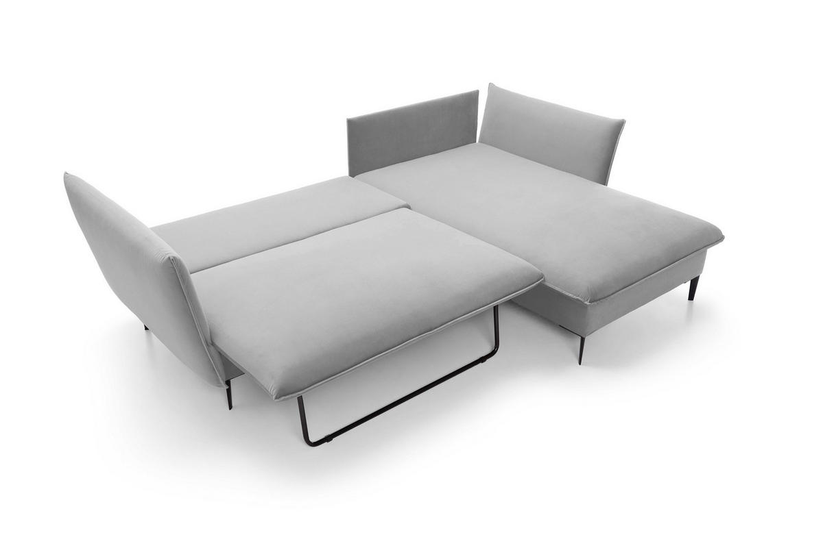 ECKSOFA GLOSS mit Schlaffunktion, Ottomane & goldenen Füßen – Samtsofa im GLOSSour-Stil mit Zierkissen, 258x167x91 cm, Rechte, GRAU - Blau, Holz/Textil (258/167cm) - DomoHome