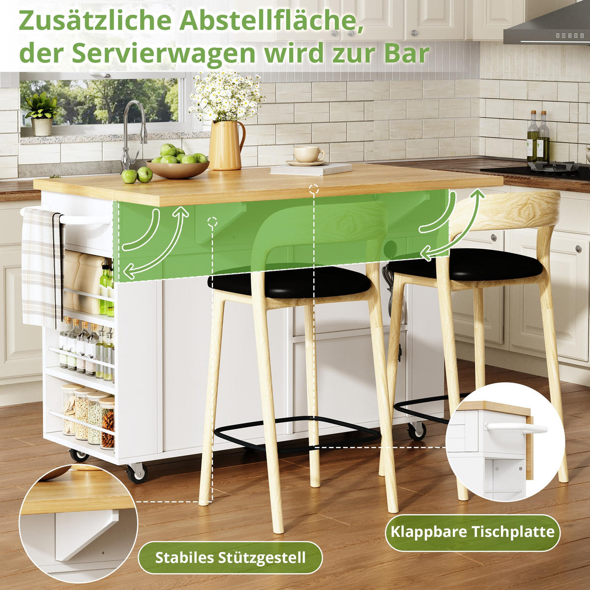 KÜCHENINSEL 129/45/84 cm Weiß mit klappbarer Arbeitsplatte, 3 Schublade und Rollen - Weiß, Holz (70/84/120cm) - Oxeza