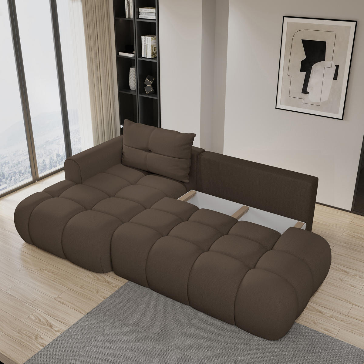 ECKSOFA FLUMA L-S Braun Geflochtener Stoff mit Schlaffunktion - Braun, Holz (274/165cm) - MASSENO