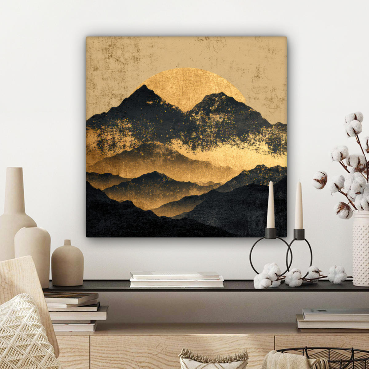 LEINWANDBILD Goldene Berge bei Mondschein Wandbild Wohnzimmer 50x50 cm - Goldfarben, Textil (50/50cm) - MuchoWow