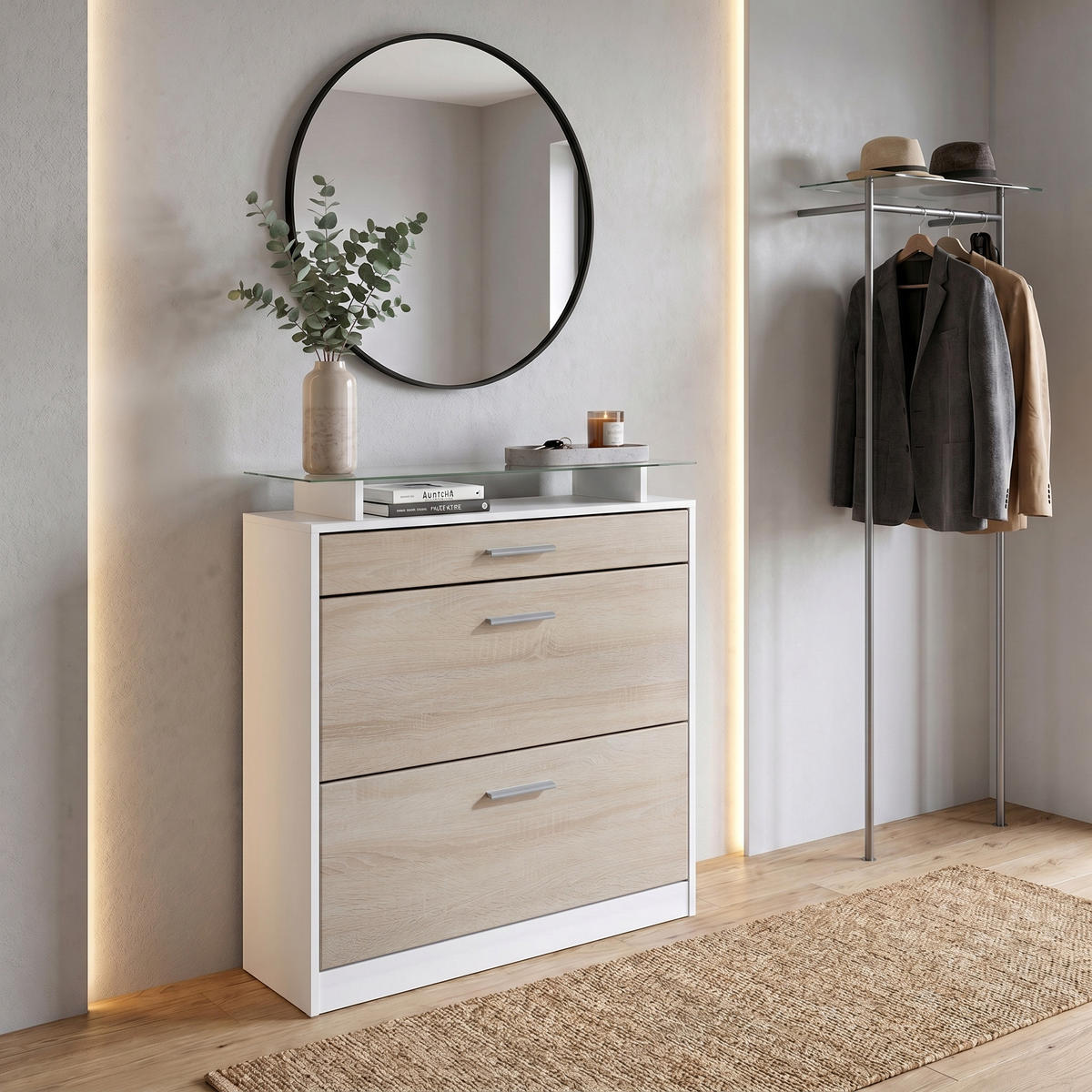 SCHUHSCHRANK Loret Front in Eiche sägerau - Eiche San Remo, Holzwerkstoff (89/104/23cm) - Vladon