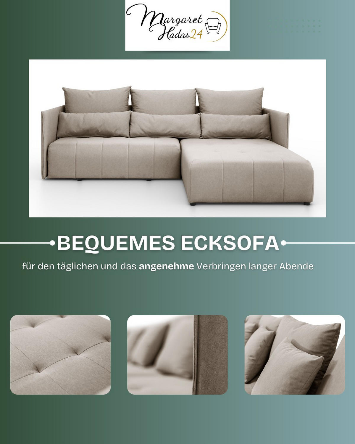 ECKSOFA L Form Hanna 246 x 188 cm mit Schlaffunktion und Bettkasten, 4 Sitzer, Bettzeugablage, Sofa, Eckcouch, cappuccino, rechts - Hellbraun, Kunststoff (188/246cm) - Margaret Hadas24