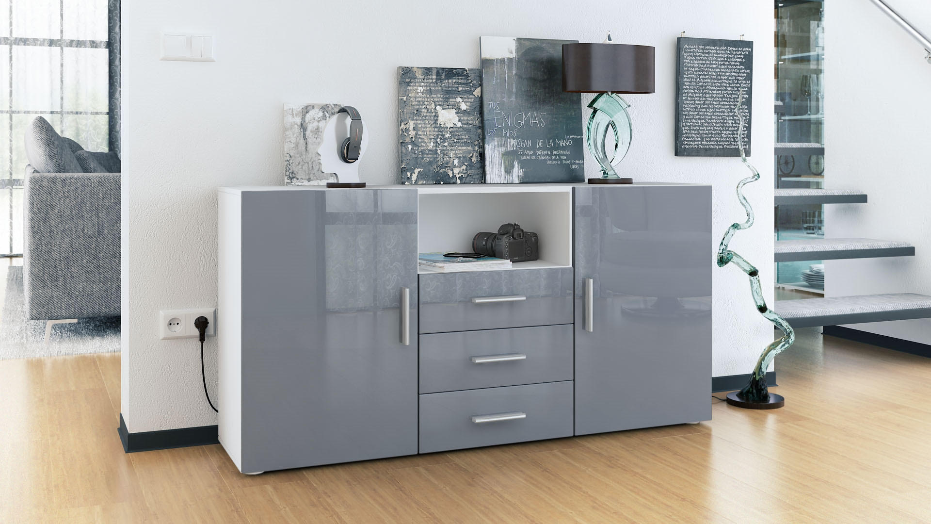 SIDEBOARD Skadu Front in Grau Hochglanz - Grau, Holzwerkstoff (138.5/71.5/35cm) - Vladon