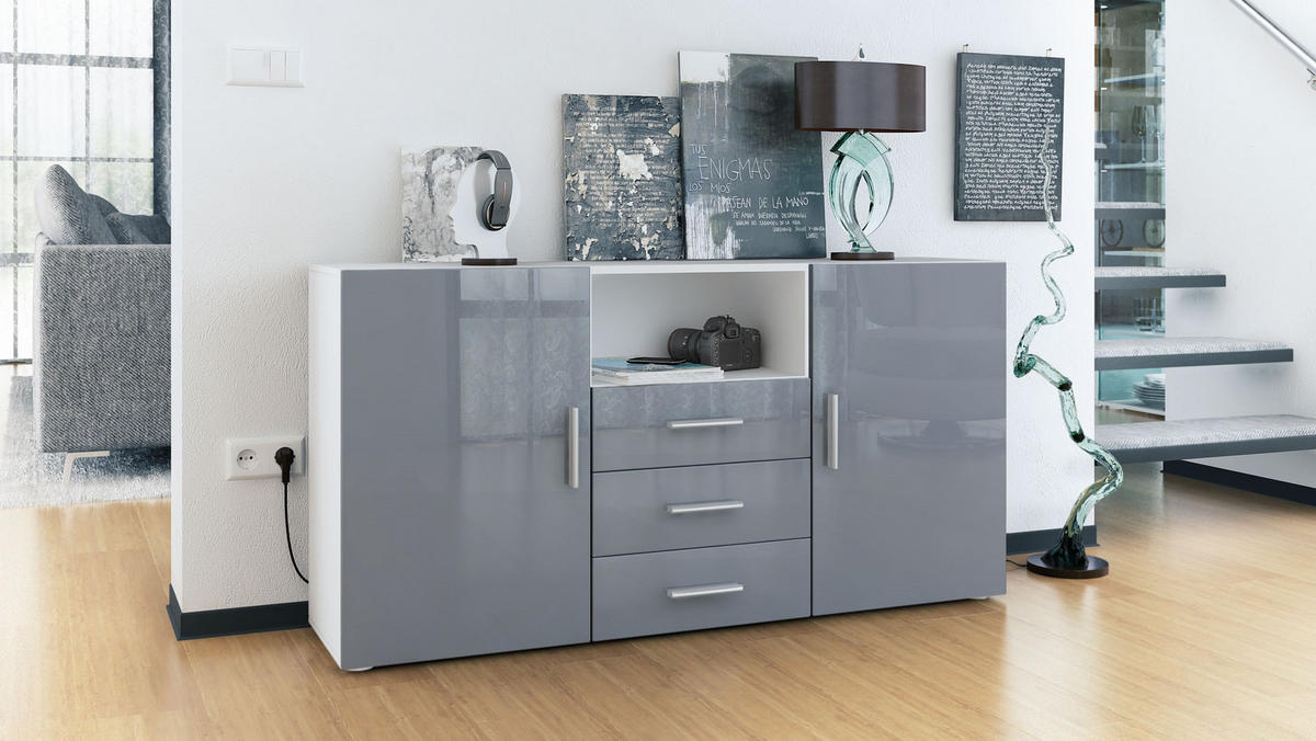 SIDEBOARD Skadu Front in Grau Hochglanz - Grau, Holzwerkstoff (138.5/71.5/35cm) - Vladon