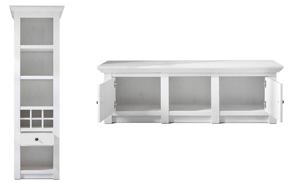 WOHNWAND Pinie weiß 4-teilig 288 cm, Schrankwand im Landhaus-Stil - Schwarz/Weiß, Glas/Holzwerkstoff (288/207/45cm) - Furn.Design