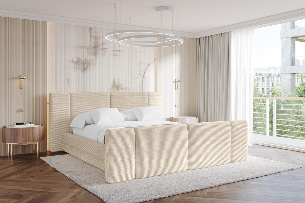 POLSTERBETT mit Bettkasten, Fußteil und Lattenrost, Bett mit Matratze H3/H4 - TEVO-Z 200x200 Beige - Creme, Holzwerkstoff/Textil (200/200cm) - ALTDECOR