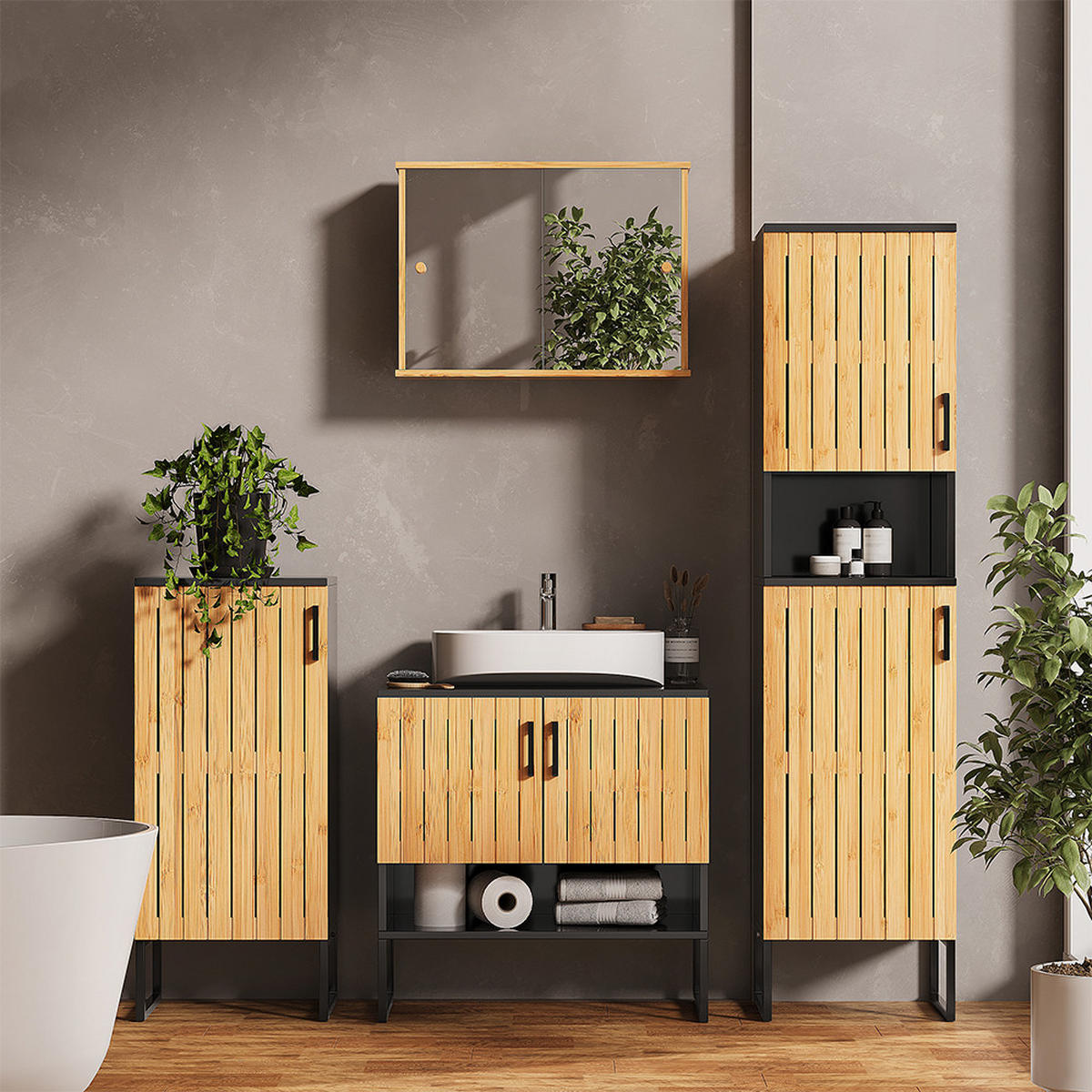BADSCHRANK Vayra Bambus 35 x 145 cm - Schwarz/Grün, Holzwerkstoff (35/145/31.5cm) - Vicco
