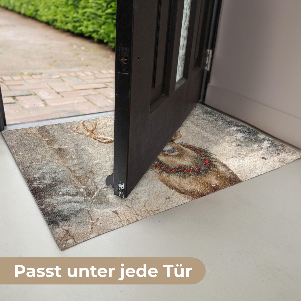 FUSSMATTE Weihnachten - Rentier - Winter - Kranz 60x40 cm - Braun, Kunststoff (60/0.4cm) - MuchoWow