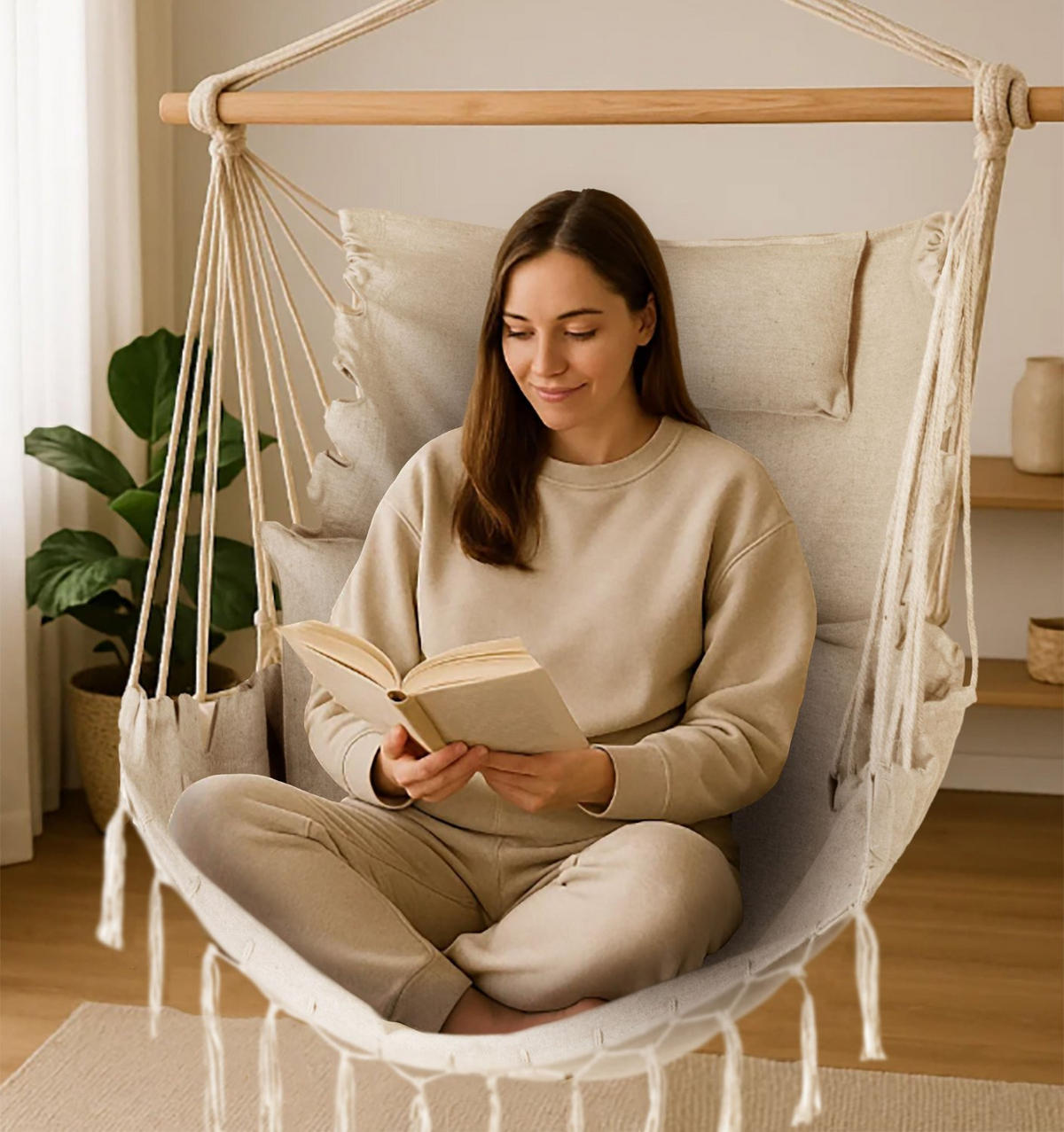 HÄNGESESSEL mit 3 Kissen 75/100/130 cm, bis 140 kg - Beige, Textil (100/130/75cm) - Outtec