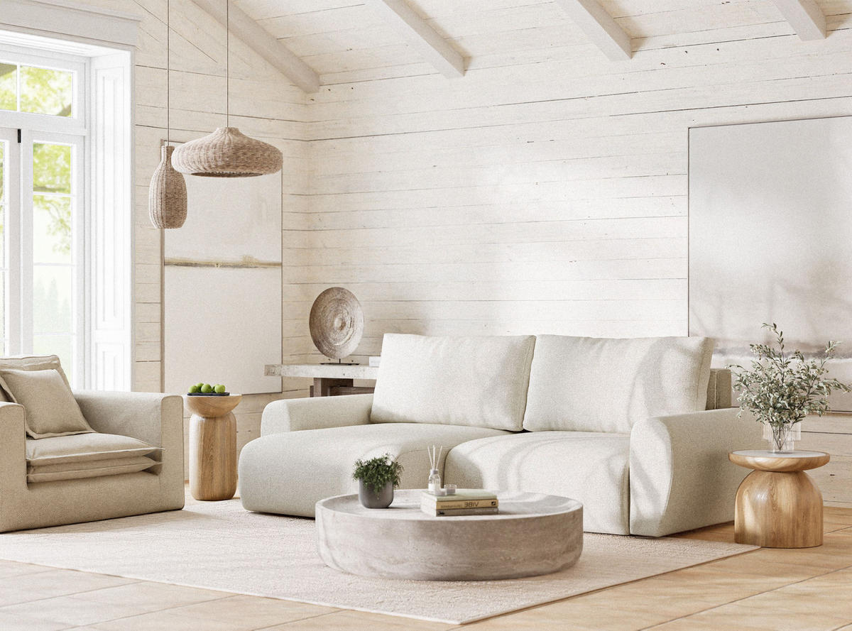 ECKSOFA MIT SCHLAFFUNKTION Numba Creme Webstoff - Creme/Schwarz, Holz/Holzwerkstoff (253/153cm) - Maison de Reve