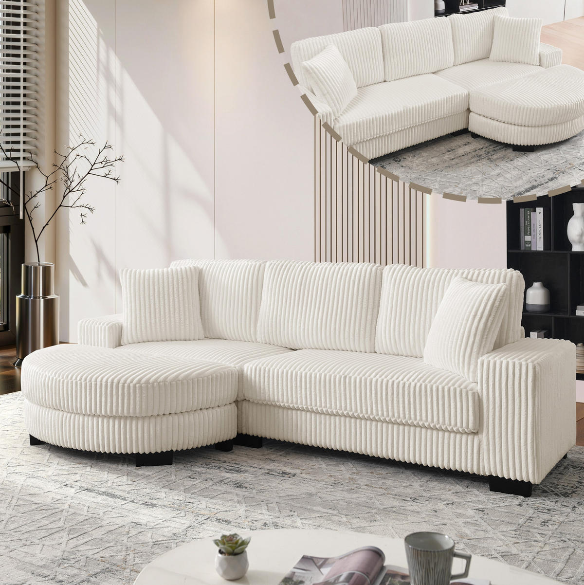 ECKSOFA 256,5/133,5/89 cm beige aus Schaumstoff mit Wechselhocker - Beige, Kunststoff (133.5/256.5cm) - OKWISH