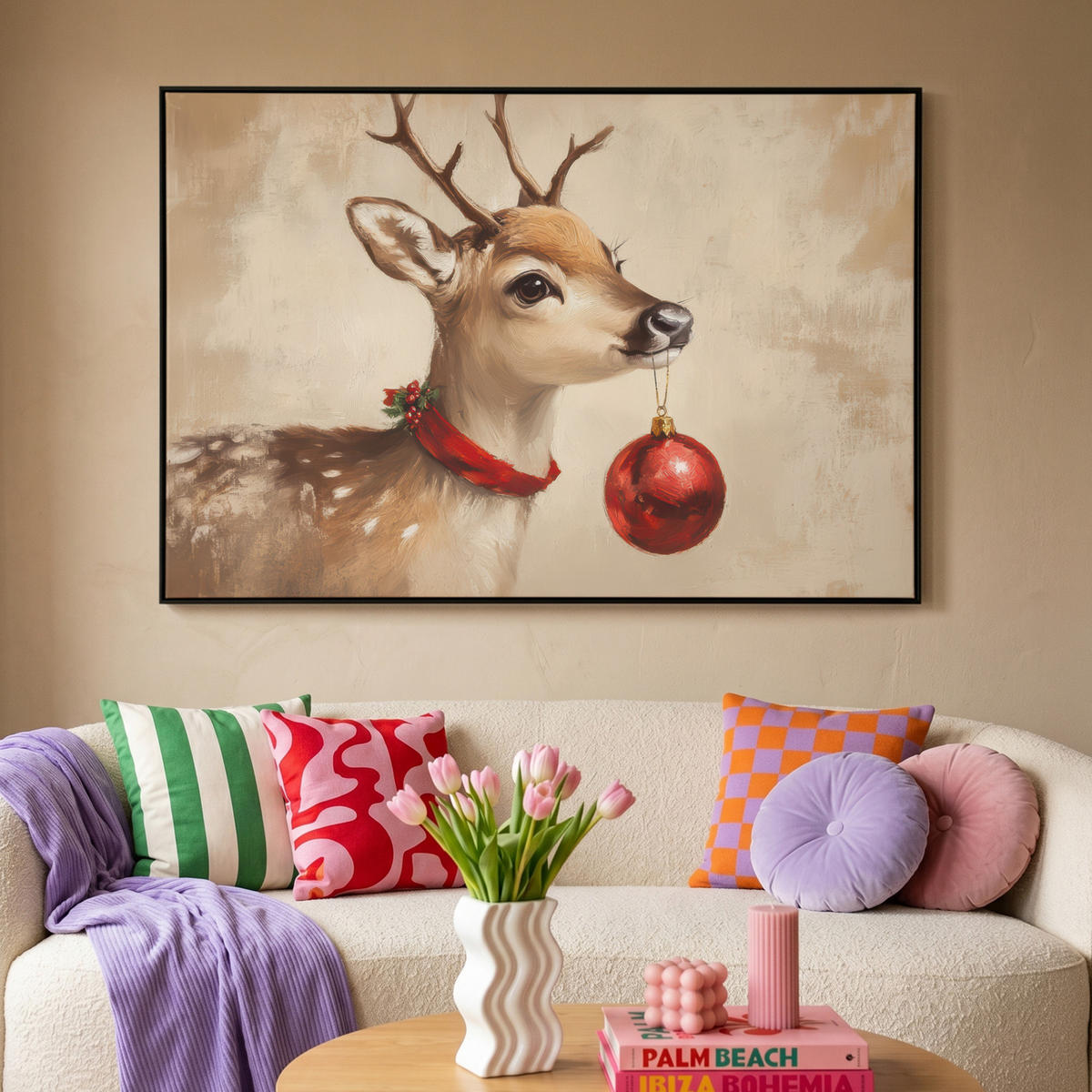 LEINWAND Bilder mit Rahmen - Weihnachten - Hirsch - Geweih - Weihnachtskugel - Rentier - 140x90 - Hellbraun, Textil (140/90cm) - MuchoWow